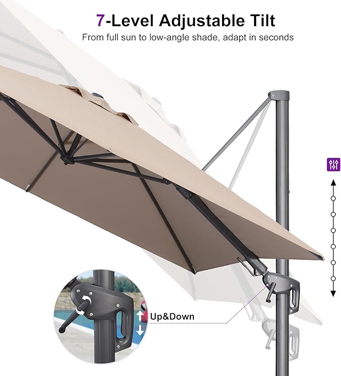 PURPLE LEAF 10' X 10' Left-right Tilting Outdoor Patio Umbrella Swivel Offset Cantilever Heavy Duty Rectangle Aluminum Umbrella with UV Resistant for Deck Pool Patio Backyard, Ash Mocha