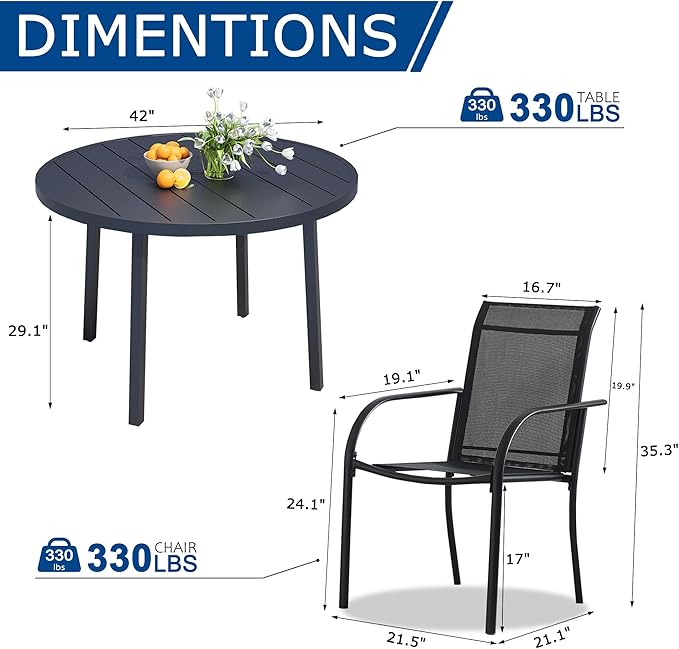 5 Pieces Patio Dining Set for 4, Black Patio Stackable Chairs and Black Round Table Set of 4, Outdoor Furniture Set with Sling Support for Outside, Garden