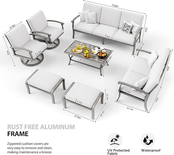 HAPPATIO 7 Piece Aluminum Patio Furniture Set, 3-Seat Outdoor Loveseat, Outdoor Sectional Sofa with Ottomans and Coffee Table, Garden Conversation Set with Swivel Armchairs for Lawn (Gray)