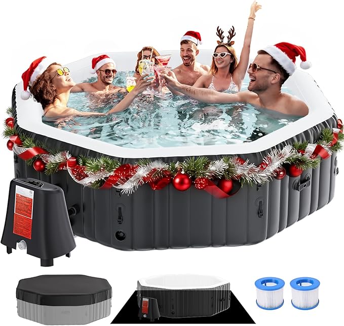 Inflatable Hot Tub, 4-6 Person Large Polygon Portable Blow Up Hot Tub, Leak-Proof PVC Outdoor Spa with 130 Air Jets, Heater Pump and Insulated Cover, 77” X 25”