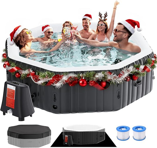 Inflatable Hot Tub, 4-6 Person Large Polygon Portable Blow Up Hot Tub, Leak-Proof PVC Outdoor Spa with 130 Air Jets, Heater Pump and Insulated Cover, 77” X 25”