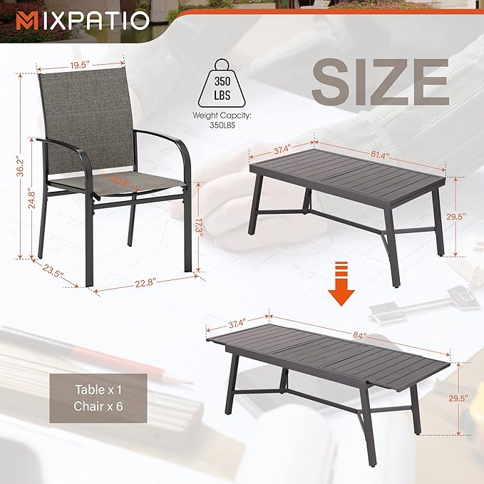 7 Pieces Patio Table and Chairs Set, Patio Dining Set for 6, 6 Textilene Chairs and 1 Expandable Patio Dining Table with Umbrella Hole, for Deck Backyard Lawn Poolside, Brown