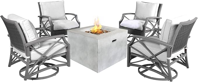 Kinger Home 32-Inch 5-Piece Outdoor Propane Smokeless Concrete Fire Pit Set for Patio, 50,000 BTU CSA Certified, Square, Grey Cushion