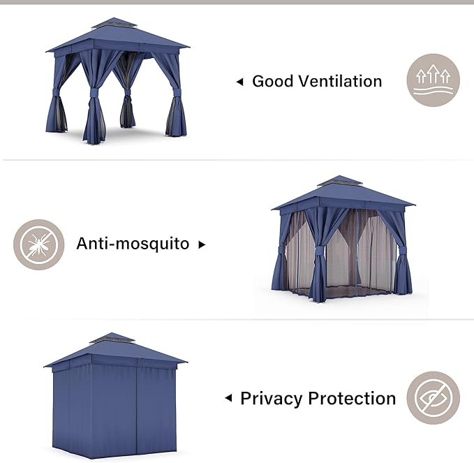 LAUSAINT HOME Outdoor Patio Gazebo 8'x8' with Expansion Bolts, Heavy Duty Party Tent & Shelter with Double Roofs, Mosquito Nettings and Privacy Screens for Backyard (Navy Blue)