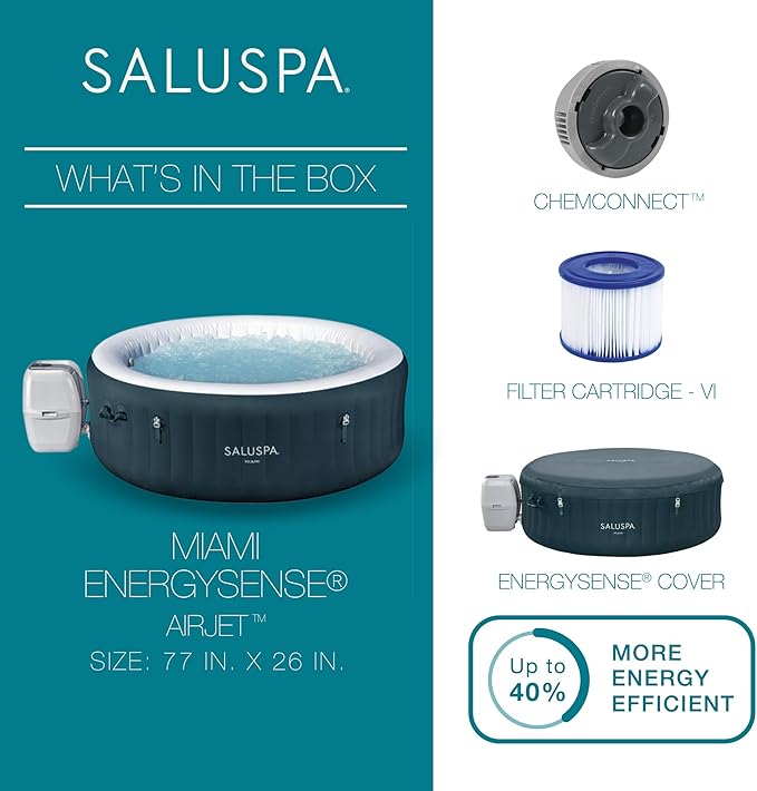 Bestway SaluSpa Miami AirJet 4-6 Person Inflatable Hot Tub Round Portable Outdoor Spa with 140 AirJets and EnergySense Energy Saving Cover, Dark Green
