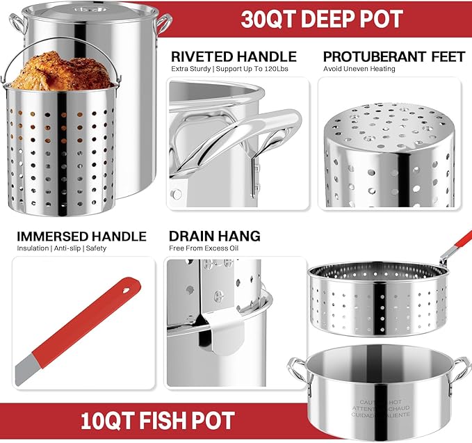 30QT Stainless Steel Turkey Fryer | Outdoor Fryer | Cover & Skimmer Included | Seafood Boil Pot | 50,000BTU Propane Burner | Deep Fryer Pot with Basket | Crab, Seafood & Crawfish Boiler