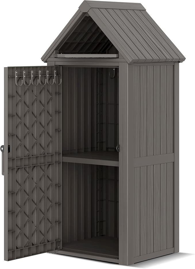 Outdoor Storage Shed with Removable Shelves, Waterproof Resin Outdoor Storage Cabinet for Small Patio, Balcony, Backyard, Vertical Storage Shed with 12 Hooks for Garden Tools, Grilling Supplies, Gray