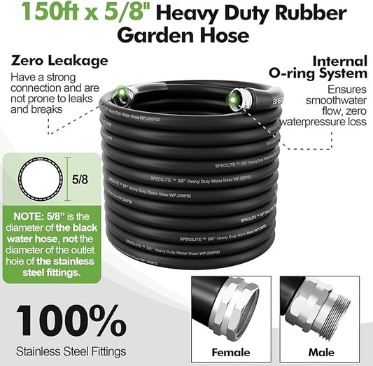 SPECILITE 5/8" Garden Hose 150 ft with High Flow Nozzle, Heavy Duty Flexible Hybrid Rubber Water Hose for Outdoor, Lightweight, Leak-Proof, No-Kink, 3/4"Stainless Steel Fittings,Black