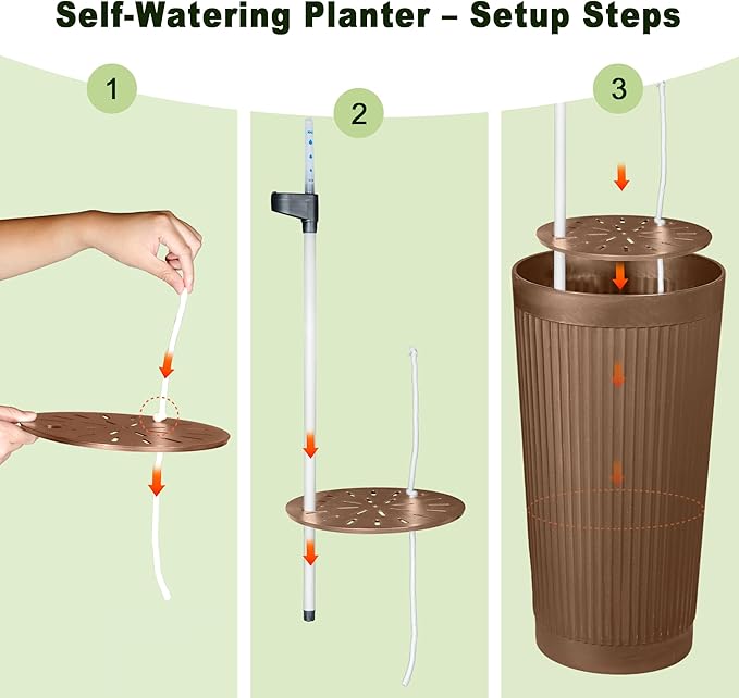 24" Tall Self Watering Planters for Indoor Plants, 2 Pack Large Plastic Outdoor Planter Pots with Built-In Water Reservoir and Level Indicator, Decorative Modern Flower Pots for Home & Patio (Brown)