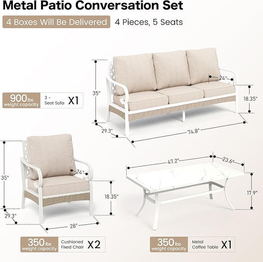 4 Piece Metal Outdoor Patio Furniture Set, Patio Conversation Sets 1 3-seater Sofa, 2 Single Sofa with 5.75" Extra Thick Cushion and Coffee Table, White Frame Backyard Furniture, Beige