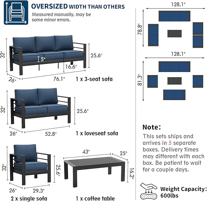 UDPATIO 10 Piece Aluminum Patio Furniture Set with Wicker Fire Pit Table,Mordern Outdoor Furniture Set with Water-Proof Cover Included, Dark Grey/Navy