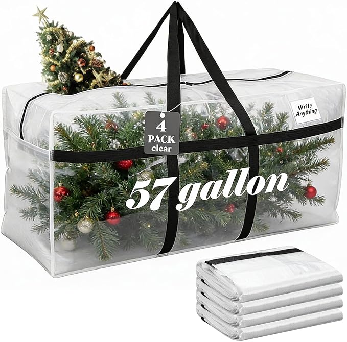 Windyun 4 Pack 57 Gallon Extra Large Storage Bags XXL Moving Bags with Zipper Handle Heavy Duty Jumbo Big Tote Box for Christmas Tree Storage 4, 5, 7.5, 9, 10, 12 ft Skeleton College Dorm(Transparent)