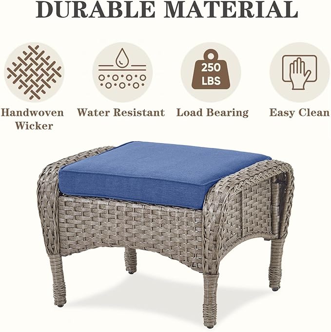 Belord Wicker Outdoor Furniture Set - 7 Piece Patio Conversation Sets with Comfort Swivel Rocker Glider Patio Chairs Set of 2 and Rattan Sofa, Tempered Glass Coffee Table and Side Table,Gray/Blue