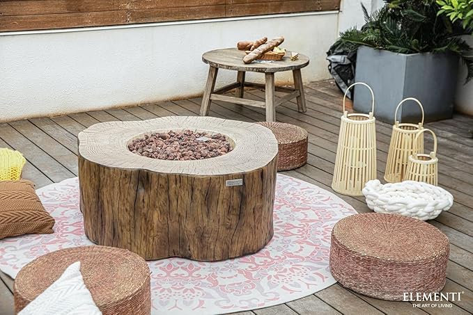 Elementi Manchester Gas Fire Pit Cast Concrete Fire Table, Outdoor Fire Pit Electronic Ignition | Canvas Cover, Lava Rock Included | Free AMS Wind Guard | Red Wood (Natural Gas)