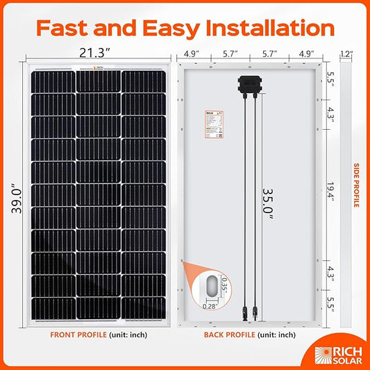 RICH SOLAR 100 Watt 12 Volt 9BB Cell Monocrystalline Solar Panel High Efficiency Solar Module Charge Battery for RV Trailer Camper Marine Off Grid