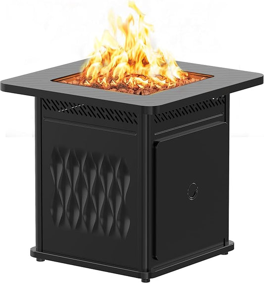 28" Outdoor Propane Fire Pit Table | 50,000 BTU Gas Fire Pit Table for Outside with Magnetic Lid | Storage Basket & Lava Rocks | CSA Certified for Patio, Garden & Backyard | Black