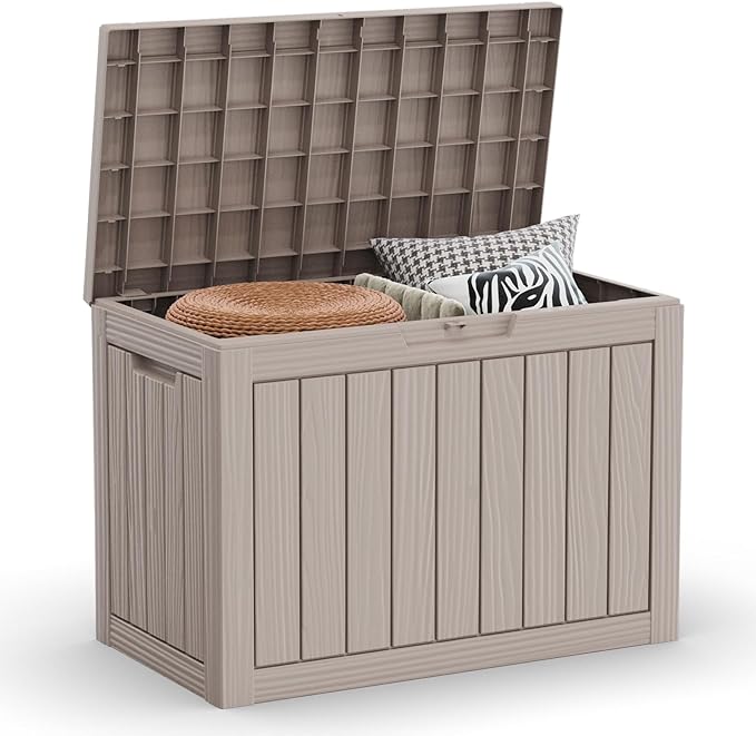 Vixzen 46 Gallon Resin Deck Box, Lockable Outdoor Storage Box for Patio Cushions Storage Furniture,Garden Tools, Pool Supplies, Weatherproof and UV Resistant,Grey