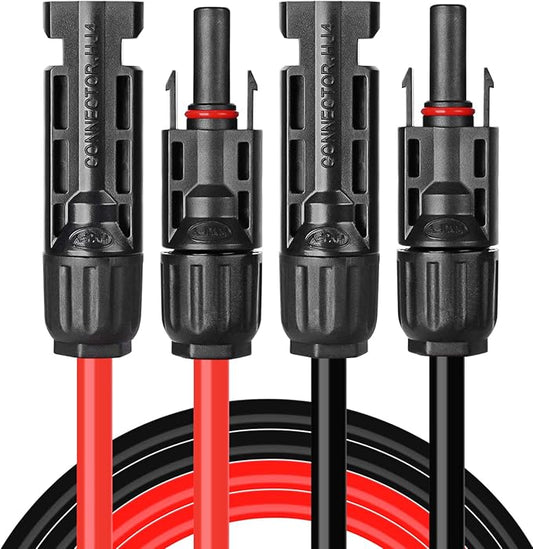 Solar Panel Extension Cable Kit - 10AWG (6mm) Weatherproof Tinned Copper Wire Adapter - 15 Feet Black + 15 Feet Red