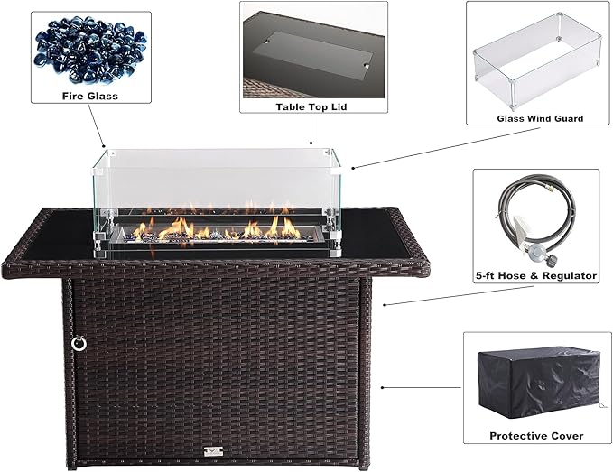 44 in. x 32 in. Rectangular Outdoor Brown Wicker Aluminum Propane Fire Pit Table in Tempered Glass w/Fire Glass, Add Warmth and Ambience to Gatherings and Parties On Patio Deck Garden