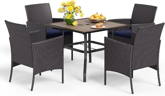 MFSTUDIO Patio Dining Sets for 4, Outdoor Square Wood-Like Table with Wicker Chairs Set, 5 Pieces Rattan Outdoor Dining Furniture Set, Patio Table and Chairs for 4, Backyard, Porch
