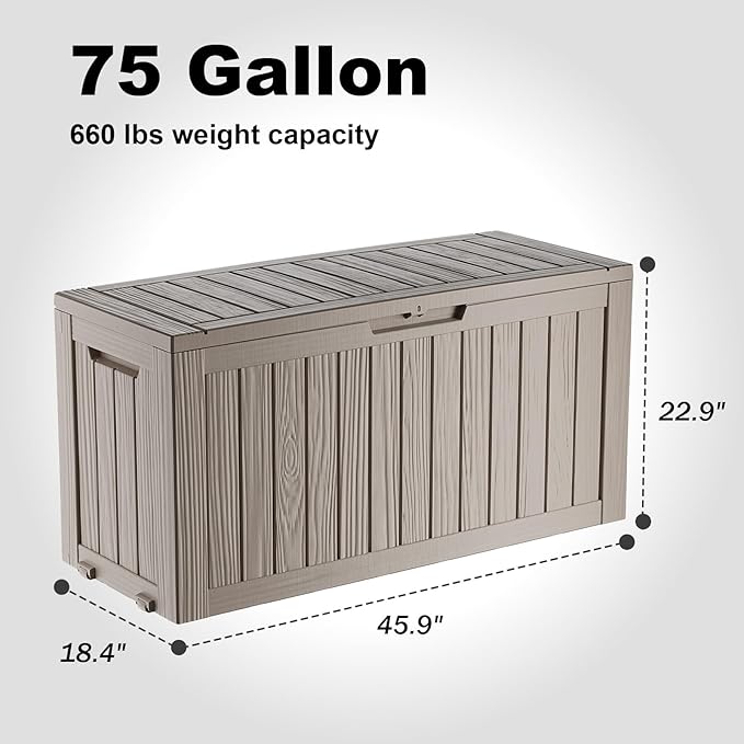 75 GallonOutdoor Storage Box,Resin Deck Boxes Waterproof, IndoorOutdoor Bin for Package Delivery, Patio Cushions, Gardening Tools, Lockable, UV Resistant