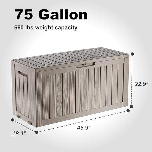 75 GallonOutdoor Storage Box,Resin Deck Boxes Waterproof, IndoorOutdoor Bin for Package Delivery, Patio Cushions, Gardening Tools, Lockable, UV Resistant