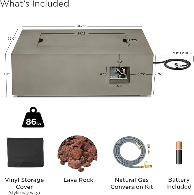 Real Flame Aegean 42in Rectangle Propane or Natural Gas Fire Pit Table, 50,000 BTU, Powder-Coated Steel, Push-Button Ignition, CSA Certified, Lava Rock, Storage Cover, Stainless Steel Burner with Lid