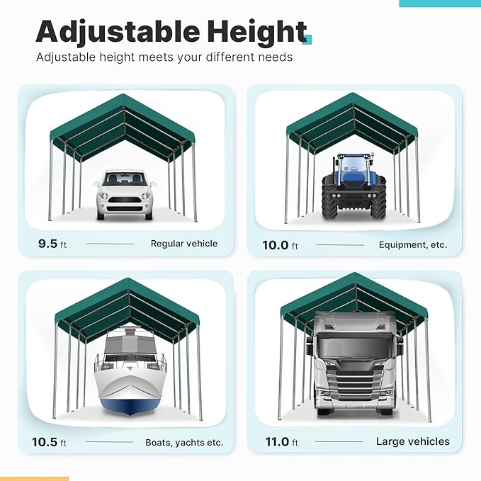 ADVANCE OUTDOOR 10x20 ft Heavy Duty Carport Potable Car Canopy Garage Party Tent Boat Shelter, Adjustable Height from 9.5 ft to 11 ft, Green