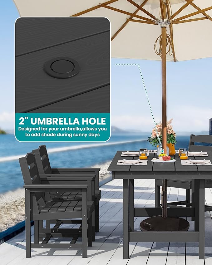 SERWALL Outdoor Dining Set for 6, HDPE Outdoor Furniture with Umbrella Hole & 1 Outdoor Bench & 4 Outdoor Dining Chairs, Black