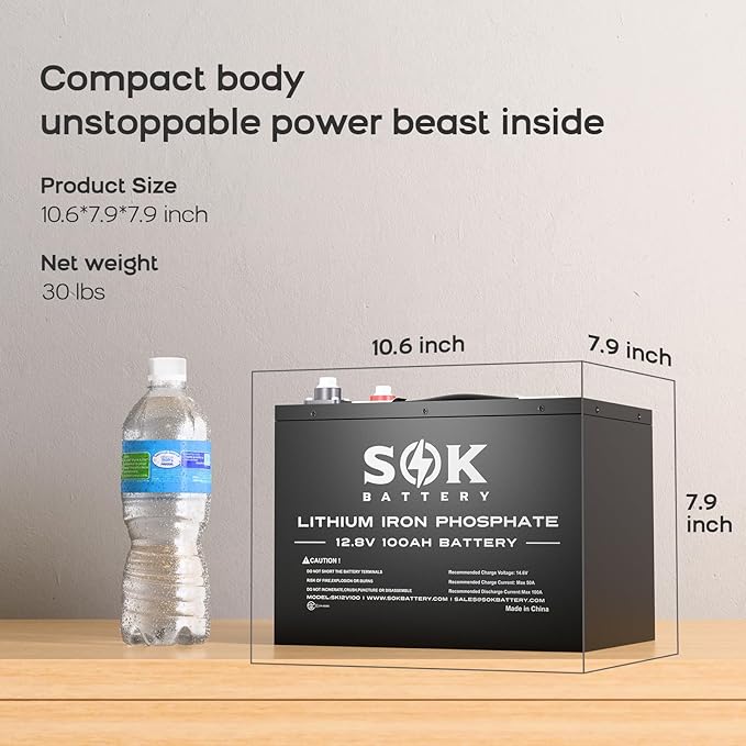 SOK Battery LiFePO4 Lithium Battery Built-in Heater, BMS Protection Low-temp Protection, Cycles 1280Wh 12V Deep Cycle LiFePO4 Battery for Trolling Motors Boat Marine RV, and Solar