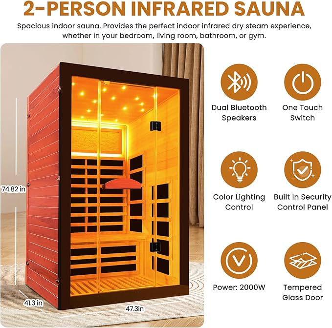 RIGO Far Infrared Sauna for Home 2 Person Sauna for Home Okoume Wood Red Sauna with Low EMF Infrared Sauna 2000W Dry Sauna 2 Person with 7 Colorful Light, Speaker and Tempered Glass Door