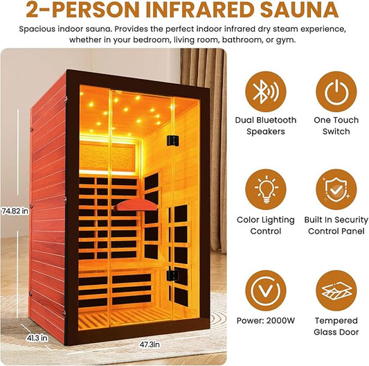 RIGO Far Infrared Sauna for Home 2 Person Sauna for Home Okoume Wood Red Sauna with Low EMF Infrared Sauna 2000W Dry Sauna 2 Person with 7 Colorful Light, Speaker and Tempered Glass Door