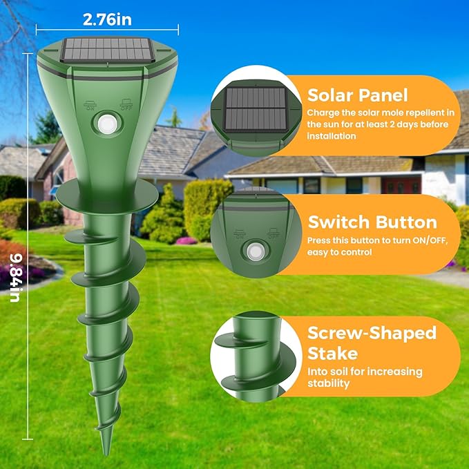 4 Pack Mole Repellent Solar Powered, Snake & Skunk & Vole & Gopher & Armadillo & Rabbit & Groundhog & Chipmunk Repellent for Yard, IP 65 Waterproof Outdoor Ultrasonic Deterrent for Lawns Garden