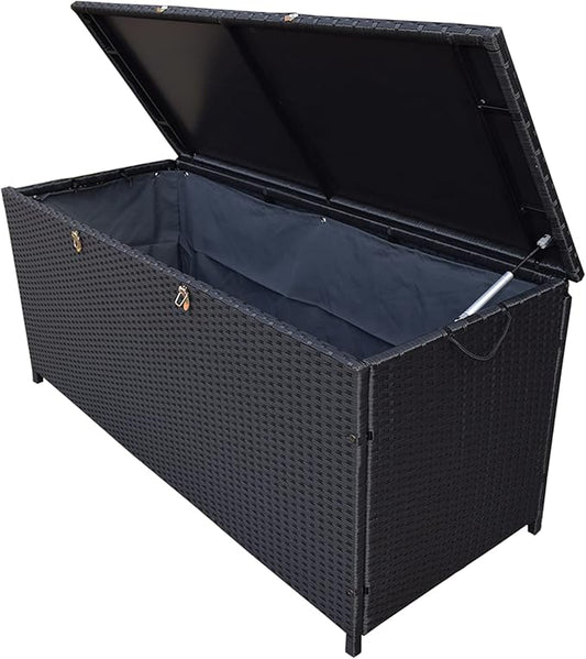 Oakland Living 113 Gallon Outdoor Storage Box, Patio Rattan Deck Box, Wicker Storage Bench for Indoor, Outdoor, Pool, Balcony, Yard, Garden, Black