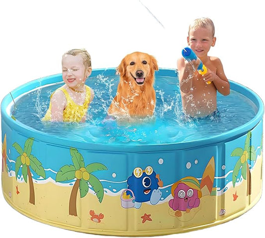 Foldable Swimming Pool for Kids 63"x18" Hard Plastic Portable Dog Pool Anti-Slip Collapsible Pets Bathtub Kiddie Pool Indoor Outdoor Backyard (JellieMons 63'')