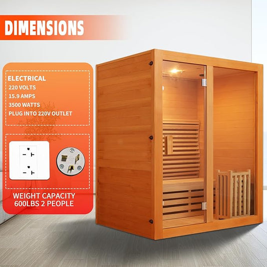 ZONEMEL Wooden Steam Sauna Room, 2 Person Canadian Red Cedar Luxurious Indoor Sauna with 3.5 KW Harvia Stove Heater, Bluetooth Speaker, Sauna Stone, Wooden Bucket, Scoop, Reading Light, 220V
