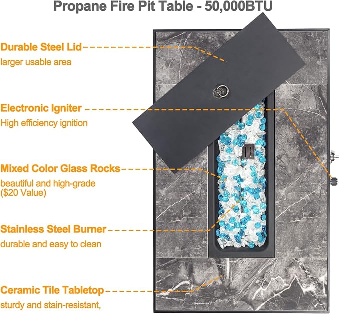 32'' Propane Fire Pit Table, Marble Textured Ceramic Tabletop, 50,000 BTU Fire Table with Brown Wicker, Mix Color Glass Rocks, Lid&Cover, Rectangle, Tank Required to Be Kept Outside.