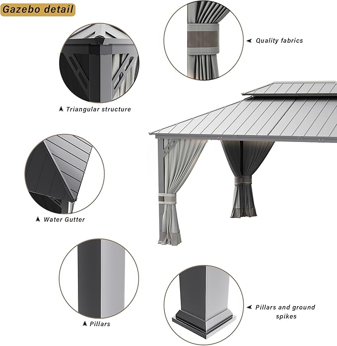 12’x20’ Hardtop Gazebo Outdoor Aluminum Frame Permanent Gazebo Galvanized Steel Double Roof Gazebos with Nettings and Curtains for Patio, Lawns,Backyard, Deck(Grey)