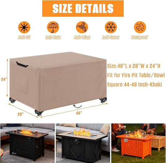 Kovshuiwe Porch Shield Fire Pit Cover Square-600D Fabric Waterproof and Resistant, Fits Outdoor For 44-48 Inch Fire Pit /Table Cover, Gas Fire Pit Cover-48"L x 28"W x 24"H, Khaki