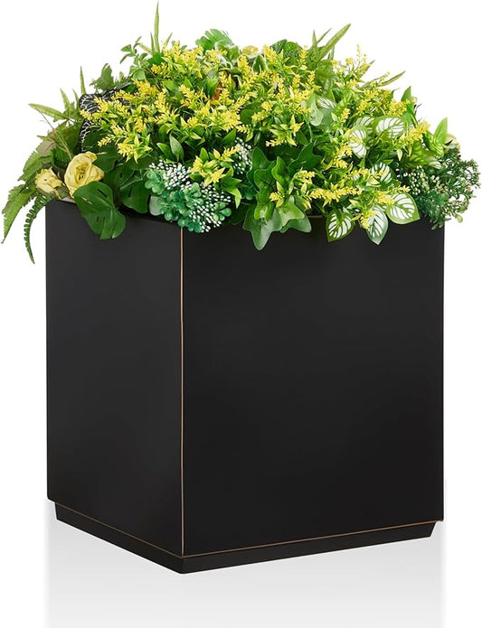 Wallowa Metallic Heavy Cube Planter Box, No Assembly Required, Seamless Large Black Outdoor Planter 17”Lx17”Wx20”H 24Pounds Black with Hand Brushed Gold Rim