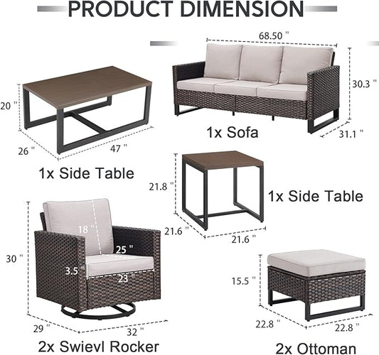 7 Piece Wicker Patio Furniture Set - Outdoor Swivel Rocker Chairs Set with Coffee Table, Side Table, 3 Seat Sofa & Ottomans, Small Patio Conversation Sets for Balcony Deck - Brown/Beige