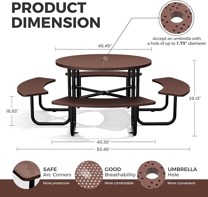 KUFUH 46" Coated Round Metal Picnic Table for 4-8 Person, Durable Heavy Duty Commercial Picnic Table with Umbrella Hole for Outdoor Coffee Shop, School, Easy to Install, Brown