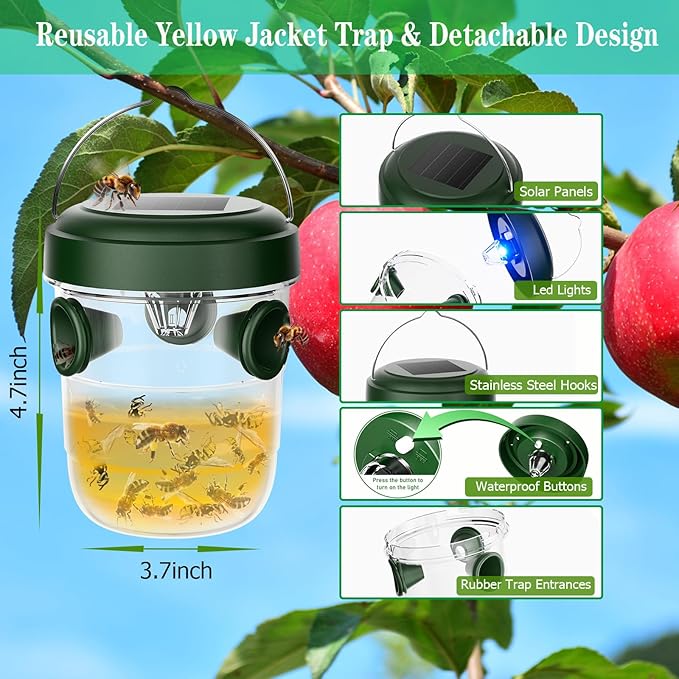 Wasp Traps Outdoor Hanging 2 Packs, Solar Powered Carpenter Bee Trap Yellow Jacket Hornet Catcher with LED Light, Reusable Wasp Deterrent Outdoor for Garden, Patio, Backyard, Camping