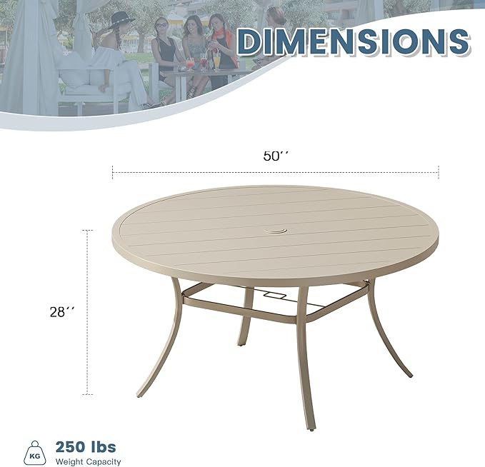 DIFY 50" Round Outdoor Patio Dining Table for 6, Metal Patio Table with 1.57" Adjustable Umbrella Hole, All-Weather Dining Furniture Table for Backyard Lawn Garden, Sandshell