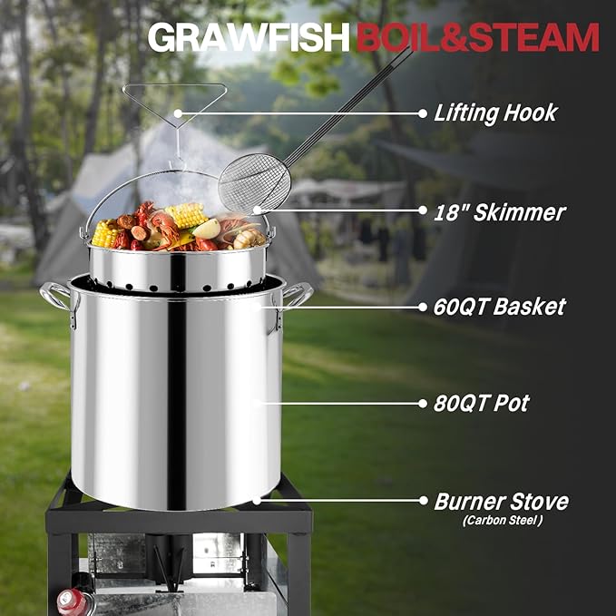 80QT Stainless Steel Crawfish Boiler | Seafood Boiling Kit | Cover & 18" Skimmer Included | 110,000BTU Propane Jet Burner | 20 PSI CSA Certified Regulator | Crab Boil Pot for Outdoor Backyard Cooking
