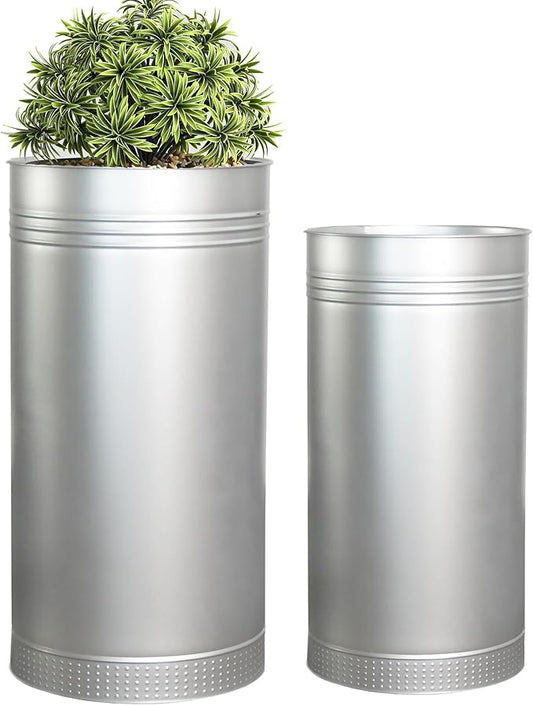 Worth Garden Galvanized Steel Planter 2-Pack - Large:28"x14.5" & Small:24"x12" - Tall Metal Plant Pots - Large Handcrafted Decoration Flower Pot for Indoor Outdoor, Deck, Patio, Front Porch - Silver