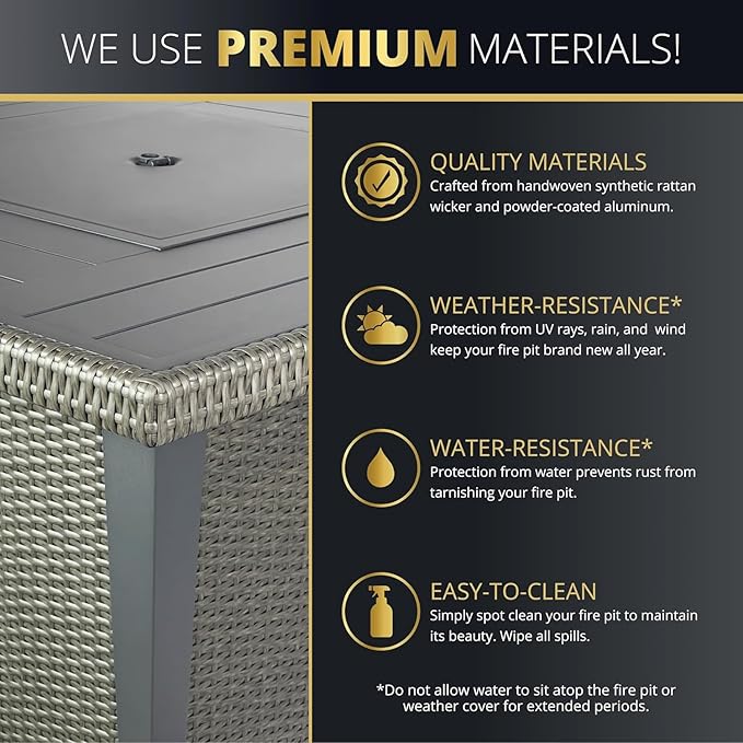 Mazatzal 4 Piece Outdoor Patio Furniture Set with 42 Inch Grey Propane Fire Pit, Wicker Rattan Outdoor Loveseat and Stationary Chairs, Aluminum Frame, Includes Fire Glass & Wind Guard
