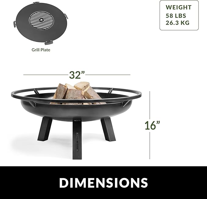 Ember 32" Handcrafted Cooking Fire Pit with Cooking Grill Plate Attachment for Wood Burning Fireplace for Backyard Grilling Campfire for Camping, Large Outdoor Natural Steel Firepit by Good Directions