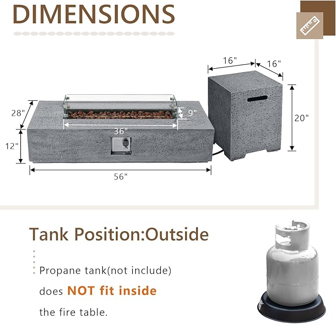 COSIEST 56 x 28 inch Outdoor Propane Fire Pit Coffee Table w Concrete Rectangle Base, Certified, 50,000 BTU, Free Lava Rocks and RainCover, Fits 20lb Tank Outside, Wind Guard, Tank Cover, Gray
