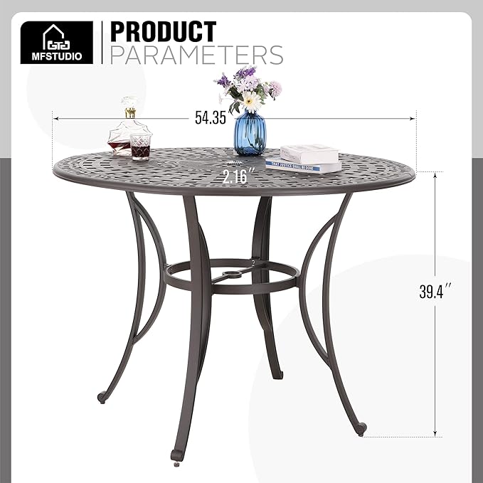 MFSTUDIO Cast Aluminum Round Patio Dining Table, 54" Outdoor Bar Height Table, Metal Patio Bistro Table with Umbrella Hole, Retro Design Outdoor Dining Table for 4-6
